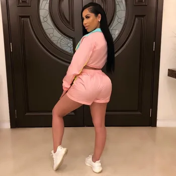 

Multicolor Patchwork V Neck Full Sleeve Tops With Shorts Women Casual Sport Suits Women Set