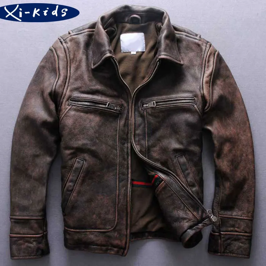 Men's Distressed Calfskin Leather Jacket Vintage Lapel Leather Blazer