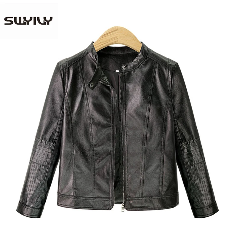 SWYIVY Women Jacket Black Short 2019 Spring Female Fashion Faux Leather Outwear Coat Size 5XL Ladies PU Leather Jackets Coats