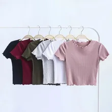 Vintage bois oreilles O cou manches courtes T-shirt 2019 nouvelle femme coupe ajustée T-shirt serré T-shirt été rétro hauts 6 couleurs
