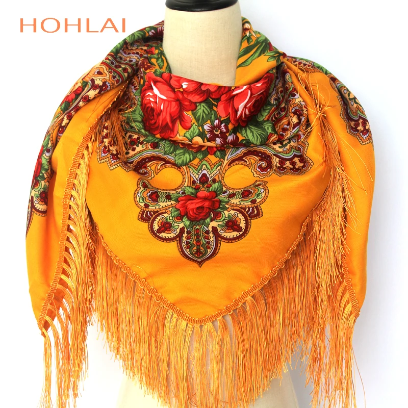 Luxury Brand Winter Russian Fringe Big Scarves Floral Printed Scarf Shawl Gift Cotton Lady Warm Square Wrap Sunshade Scarves