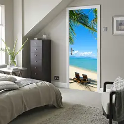 3D голубое небо белые облака пляж кокосовые деревья двери Стикеры Обои, наклейки на стену пользовательские фото настенная живопись
