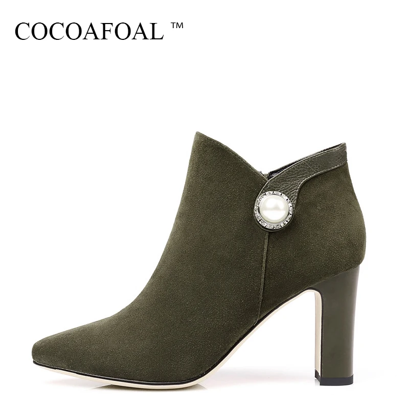 

COCOAFOAL Genuine Leather String Bead Martin Boots Winter Sheepskin Chelsea Ankle Boots Fashion Black Woman High Heeled Shoes