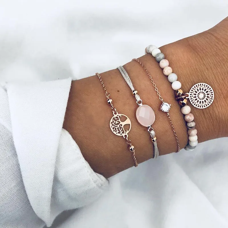 

4 Pcs/Set Gold Link Chain Crystal Life Tree Charm Bracelet Bangles Geometric Hollow Floral Tree of Life Yoga Beads Bracelets Set