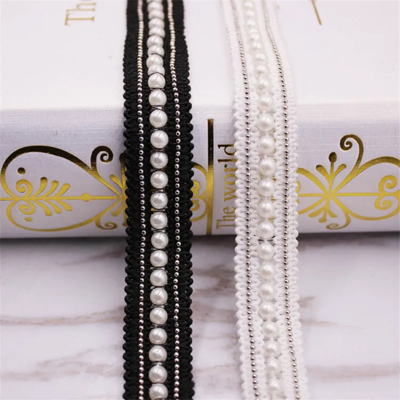1yard Black and White Pearl Beaded Embroidered Lace Trim Ribbon Fabric Handmade DIY Costume Dress Sewing Supplies Craft 2cm wide | Дом и сад