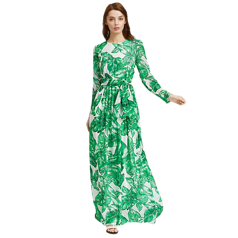 Women Green Beachwear Maxi Dress Palm Leaf Banana Leaf Print Casual