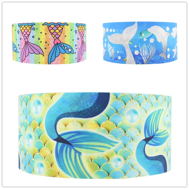 

Q&N ribbon 50yards Mermaid Fish cartoon printed grosgrain FOE Ribbon Accessory hairbow Christmas Halloween decoration