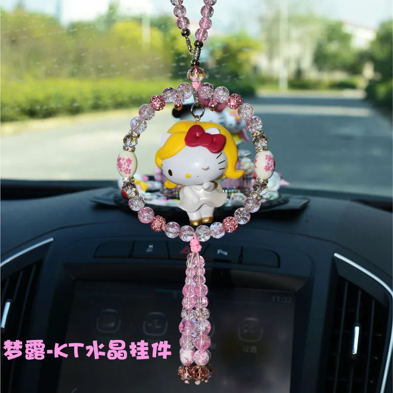Romantic Cute Hello Kitty Car Ornaments Crystal Rhinestone Pendant Rearview Mirror Car