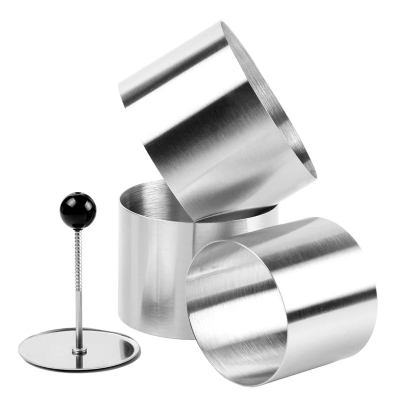 

4pcs Stainless Steel Round Cold Dish Mold With Push Board Kitchen Hotel Creative Dish Tool Salad Dish Fried Rice Shaping Mold