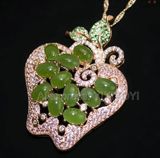

925 Sterling Silver Green HeTian Jade Inlay Flower Gorgeous Design Hollow Lucky Pendant + Chain Necklace Fine Jewelry Charm Gift