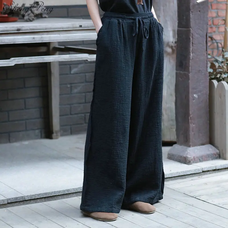 

Women Wide Leg Pants Elastic Waist 2019 Autumn New Linen Trouser Women Pants Loose Casual Vintage V1569