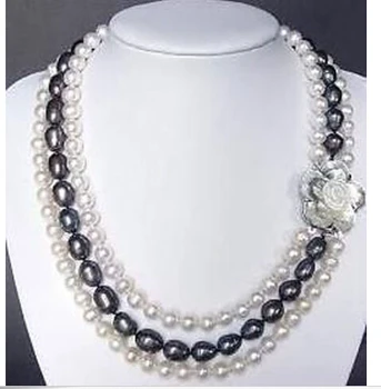 

Beautiful Jewelry 3 row 7-8mm Real White & black pearl Necklace shell clasp