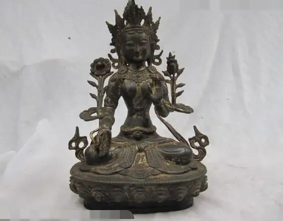 

S03434 Tibet Folk temple collection Old Bronze White TaRa padma Kwan-Yin Buddha Statue