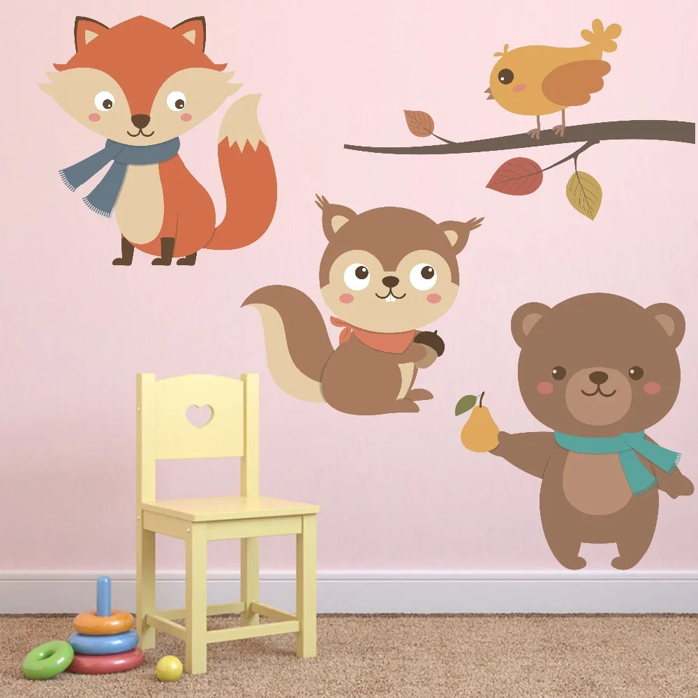 Foxes Bird Bear Cartoon Cute Animals Wall Art Decals For Kids Nursery Bedroom Home Decor Vinyl Wall Sticker Removable Wallpaper (1)