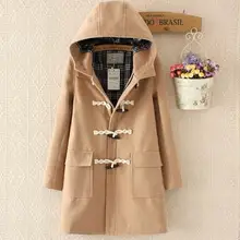 Осенне-зимняя шерстяная куртка с роговыми пуговицами, женское модное прямое длинное шерстяное пальто, свободное Женское пальто с капюшоном