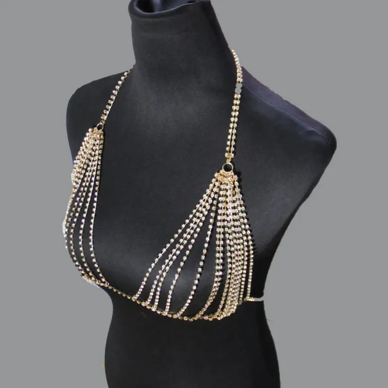 Belly Dance Crystal Bra Top Rhinestone Lingerie Dancewear Belly Waist Body Chain Necklace Jewelry Accessory