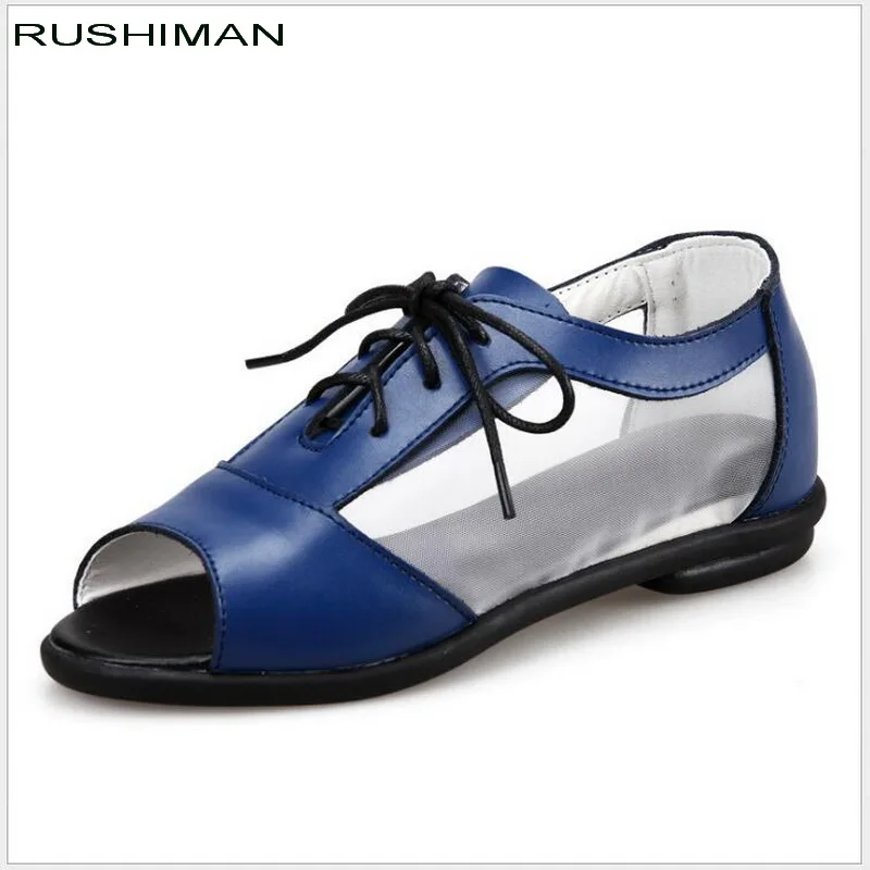 

2018 Summer Genuine Leather Shoes Women Sandals Fish Mouth lace-up Mesh Sandals breathable flat sandal