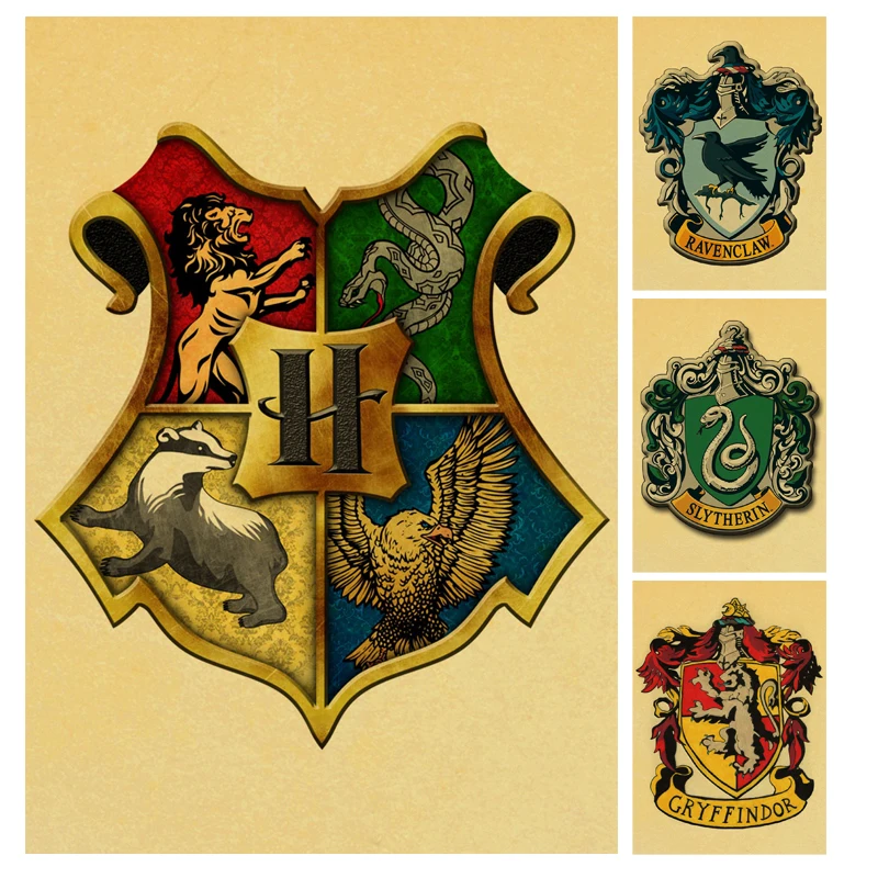 

Harry Potter Banners Gryffindor Slytherin Hufflerpuff Ravenclaw 4 College retro Posters Kids Roon Home Decoration