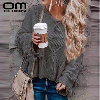

OMCHION Oversized Jumpers 2019 Autumn Winter V Neck Tassel Sleeve Vintage Sweater Women Casual Loose Twist Pullover LMY202