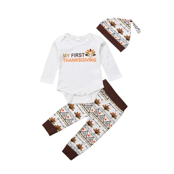

3pcs Newborn Infant Baby Boys Girls First Thanksgiving Clothing Set Letter Long Sleeve Romper +pants +hat Autumn Outfits DNOV