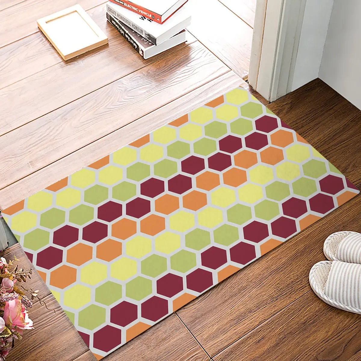 Modern Geometric Orange,Yellow And Green Hexagon Door Mats Kitchen
