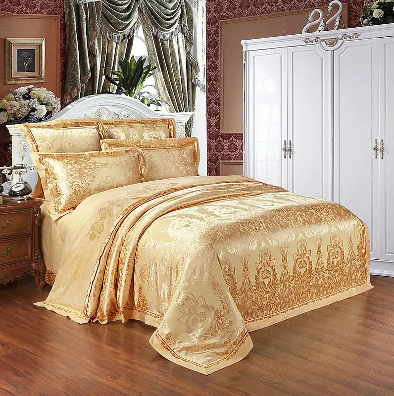 Waliicorners Gold Silver Beige Luxury Silk Jacquard Bedding set Queen King size Duvet cover set Embroidery Bed sheet Linen set Pillowcases 3 IMG_0733