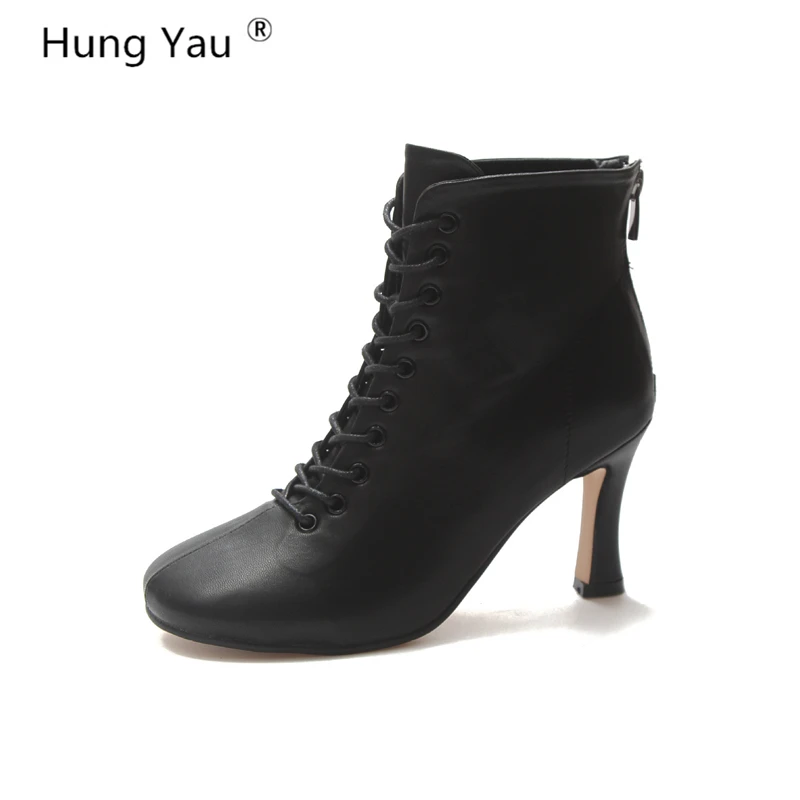 Hung Yau Shoes For Women Boots High Heel Ankle Boots Martin Black Boots For Women Autumn Thick Heels Lace-Up Shoes Size 35-39