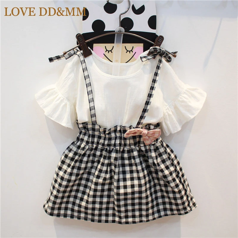LOVE DD& MM/ г. Новая летняя Клетчатая футболка с короткими рукавами для девочек платье с двумя лямками детская одежда