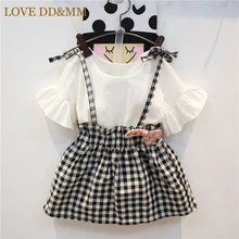 LOVE DD& MM/ г. Новая летняя Клетчатая футболка с короткими рукавами для девочек платье с двумя лямками детская одежда