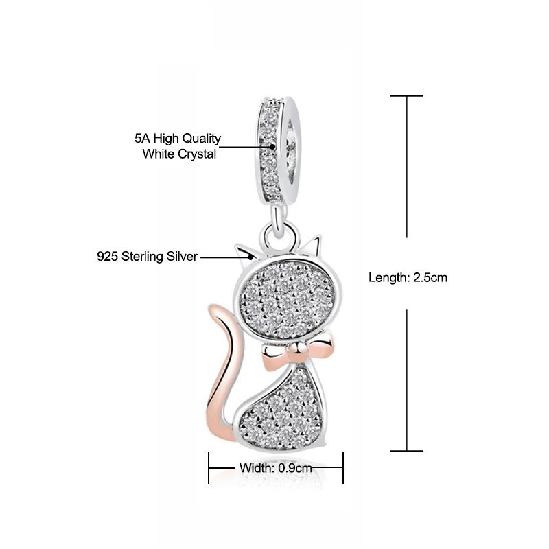 Аутентичные стерлингового серебра 925 хрустальные бусины подвеска с милым котиком Шарм Подходит Pandora браслет для женщин амулеты «сделай сам» ювелирные изделия