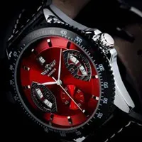 WINNER Men Fashion Auto Mechanical Watch Leather Strap Sub Dial Date Display Tachometer Top Brand Luxury Wrist Watch