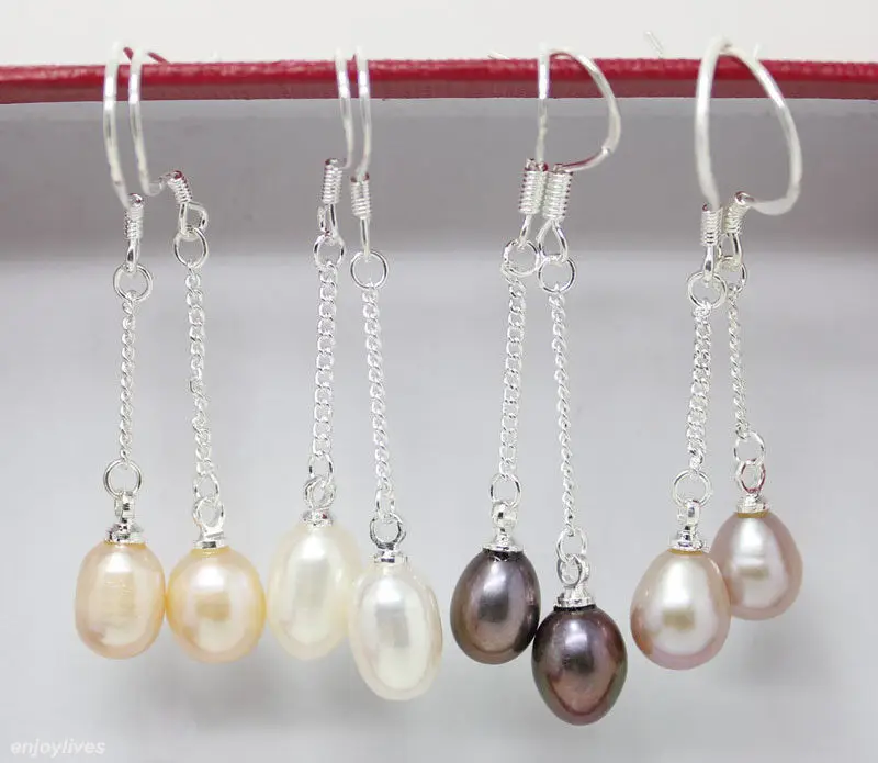 

Free shipping Real 6-7 mm Multicolor Freshwater Pearl Dangle 925 Sterling Silver Hook Earrings 6.10
