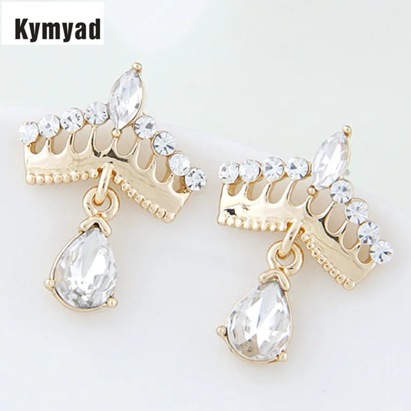 Kymyad Korean Gold Color Crystal Stud Earrings Bijoux Women Earrings