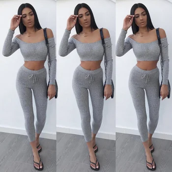 

Women 2PCS Tracksuits Casual Set Ladies Knit Crochet Crop Sport Suit Off Shoulder Long Sleeve Solid Tops+ Long Pants