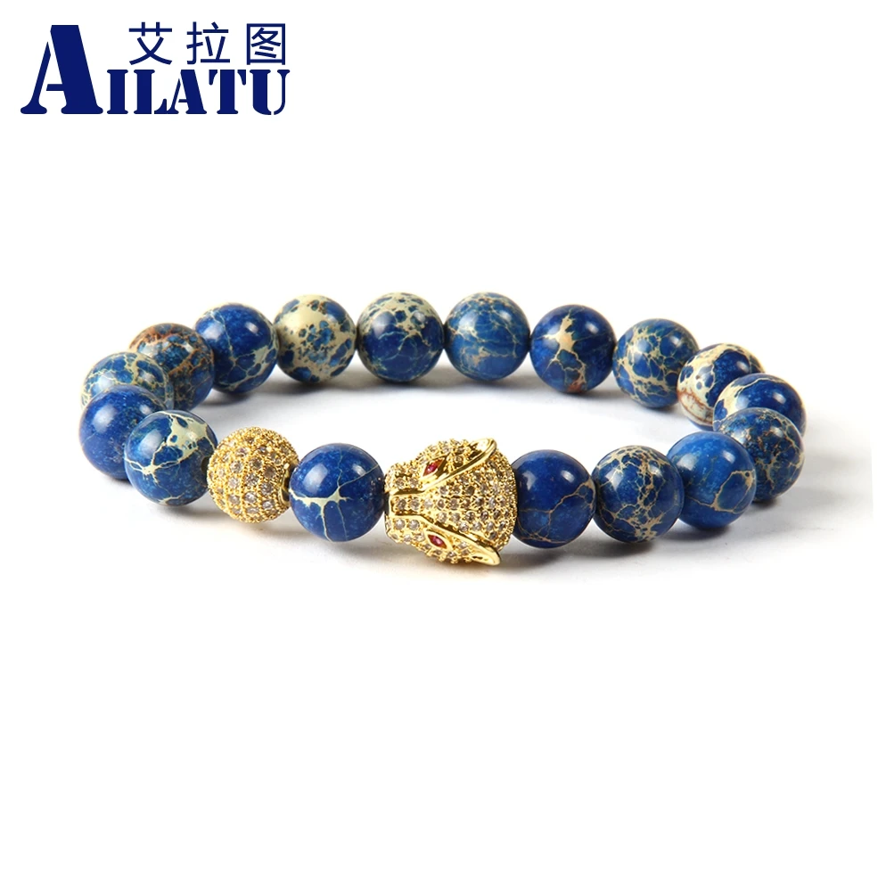 

Ailatu Jewelry Wholesale 10pcs/lot 10mm Blue Sea Sediment Stone Beads with Micro Pave Cz Big Leopard Bracelets for Men's Gift