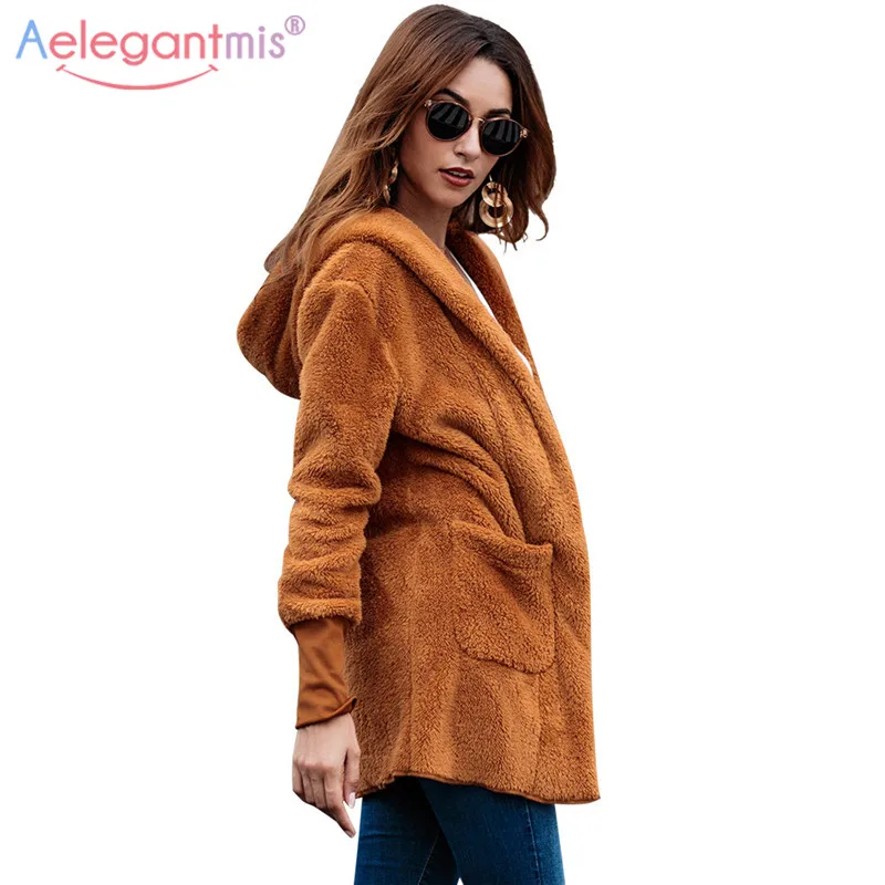 

Aelegantmis Autumn Winter Warm Faux Fur Coat Jacket Women Loose Hooded Furry Teddy Coat Ladies Casual Plush Overcoat Cardigan