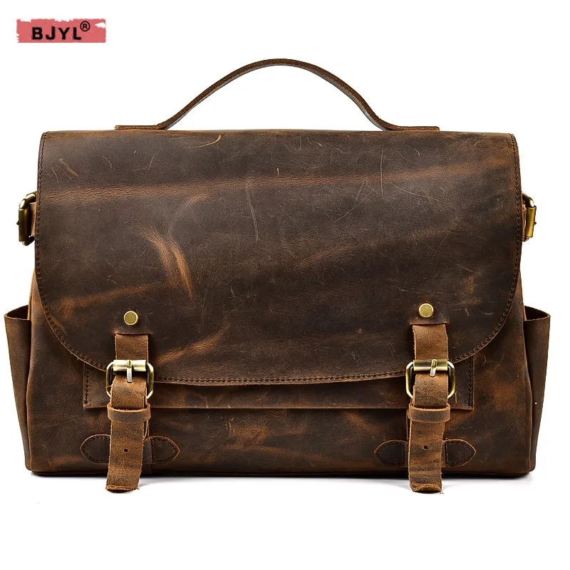 

BJYL Men's Handbags Vintage British Wind Handmade Crazy Horse Leather messenger bag Men's Crossbody Shoulder Bag briefcase