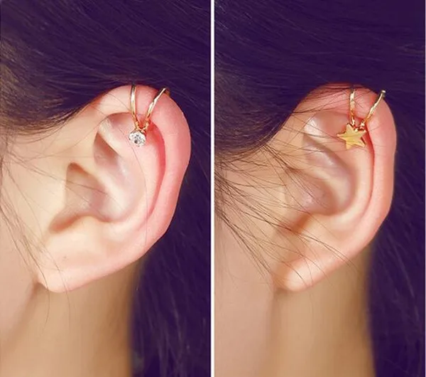 

New fashion women cute crystal five-pointed star love heart geometry round cross moon alloy Earless hole ear bone clip 1pcs