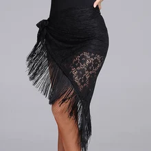 Юбка для латинских танцев Женская Черная кружевная танцевальная одежда с кисточками Асимметричная юбка женская Танго, Самба SalsaTriangle хип шарф DNS1032