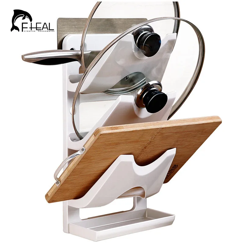 FHEAL Kitchen Pot Lid Rack Wall Mount No Need Drilling With Drain Pan