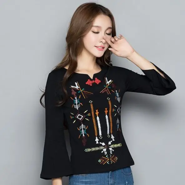 

Ethnic shirt online Chinese store women autumn elegant vintage three quarter sleeve black red embroidery blouse blusa AF555