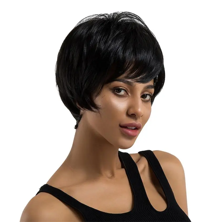 

Ladies Real Natural Short Straight Hair Wigs Cosplay human hair wig 0703