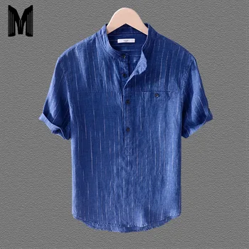 

2019 Mens Striped Pullover Shirt Short Sleeve 100%Linen Casual Stand Collar Shirts Men Tops Clothing Y1729