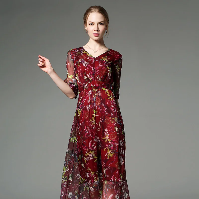 100 Silk Chiffon Dress Red Flower Printed Women Dresses High Quality