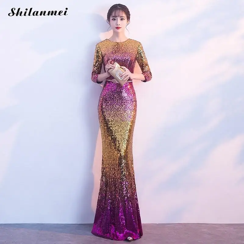 

New Fashion Long Sleeve Sequin Long Evening Party Dress Summer Mermaid Dresses For Women 2019 Belt Slim Shining Vestidos XS-XXL