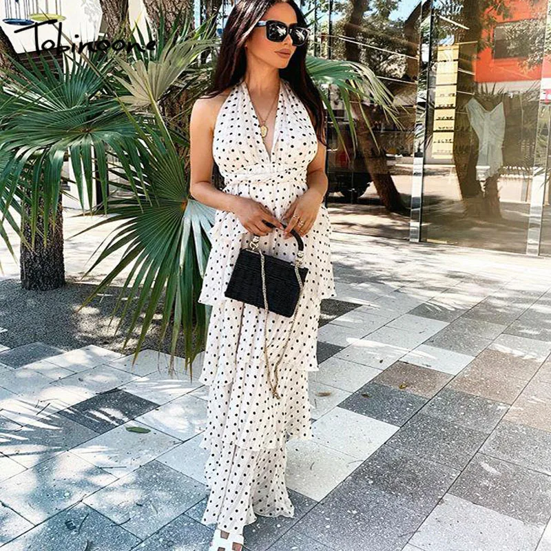 

Tobinoone Backless boho Dot print long dress Women Deep v neck sexy summer dress cascading ruffle maxi dress party vestidos 2019