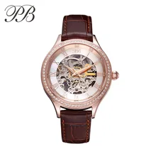 Luxury Brand PB Mechanical Watch Women Genuine Leather Strap Crystal Waterproof Automatic Watch montre marque luxe femme HL587