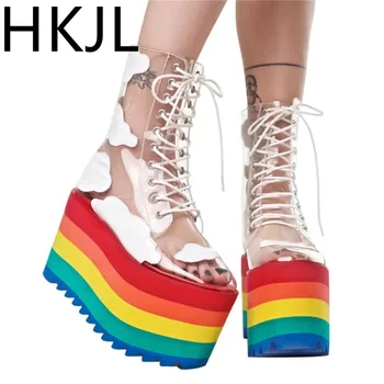 

HKJL 2019 summer big size 34-45 transparent cross strap women's shoes rainbow thousand bottom fashion wedge women's boots Z057