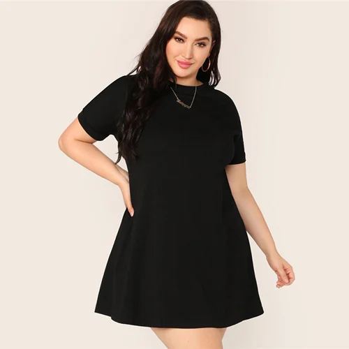 Шеин размера плюс черное свободное платье с коротким рукавом женское весеннее летнее однотонное Повседневное платье с круглым вырезом - Цвет: Черный