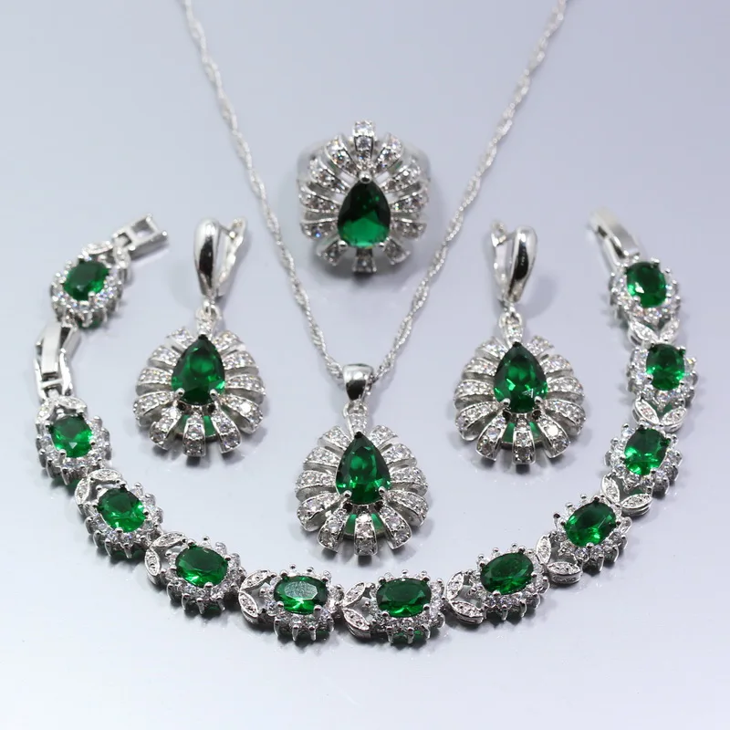 

Manny Trinket Water Drop Flower Green Zircon Ring Size 6/7/8/9/10 Bracelet Length 20cm Fashion Trendy Jewelry Sets For Women